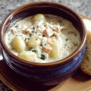 Delicious crockpot chicken gnocchi soup in a bowl with herbs.