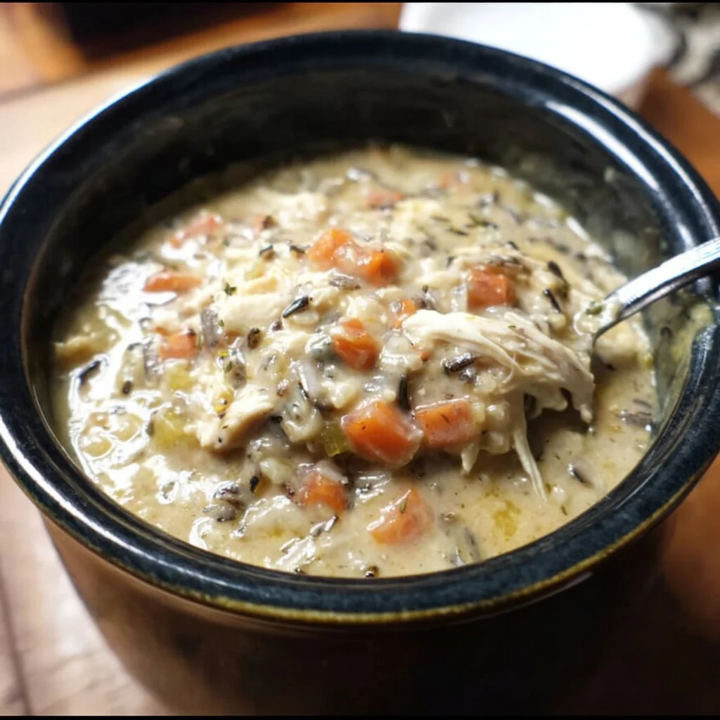 Crockpot Chicken Wild Rice Soup in a bowl topped with herbs