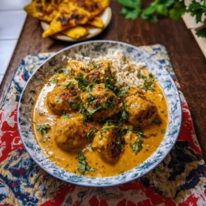 Crockpot Coconut Curry Chicken Meatballs served in a bowl with coconut milk and spices.