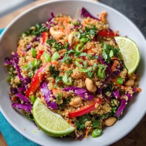 Crunchy Thai-inspired quinoa salad with colorful vegetables and herbs