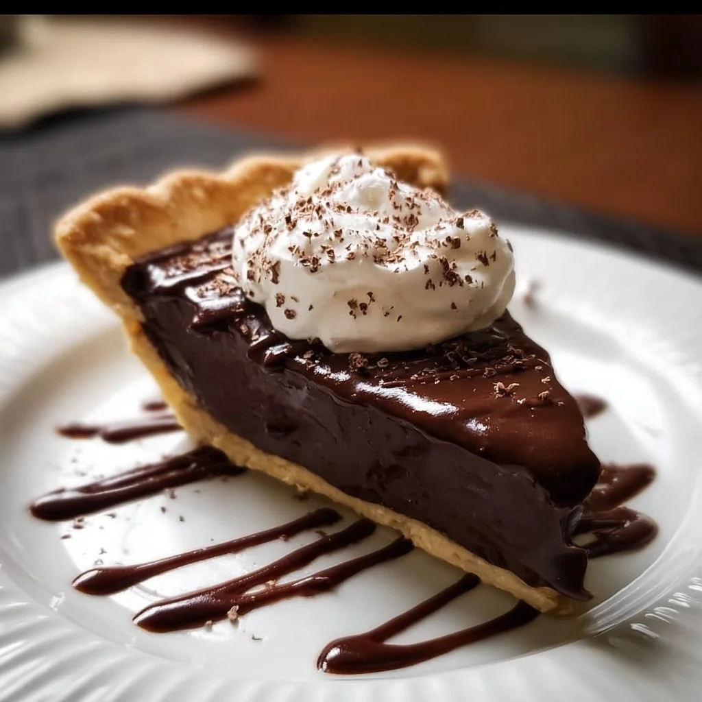 Decadent hot fudge pie topped with chocolate sauce and whipped cream.