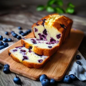 Slice of cottage cheese blueberry bread topped with fresh blueberries.