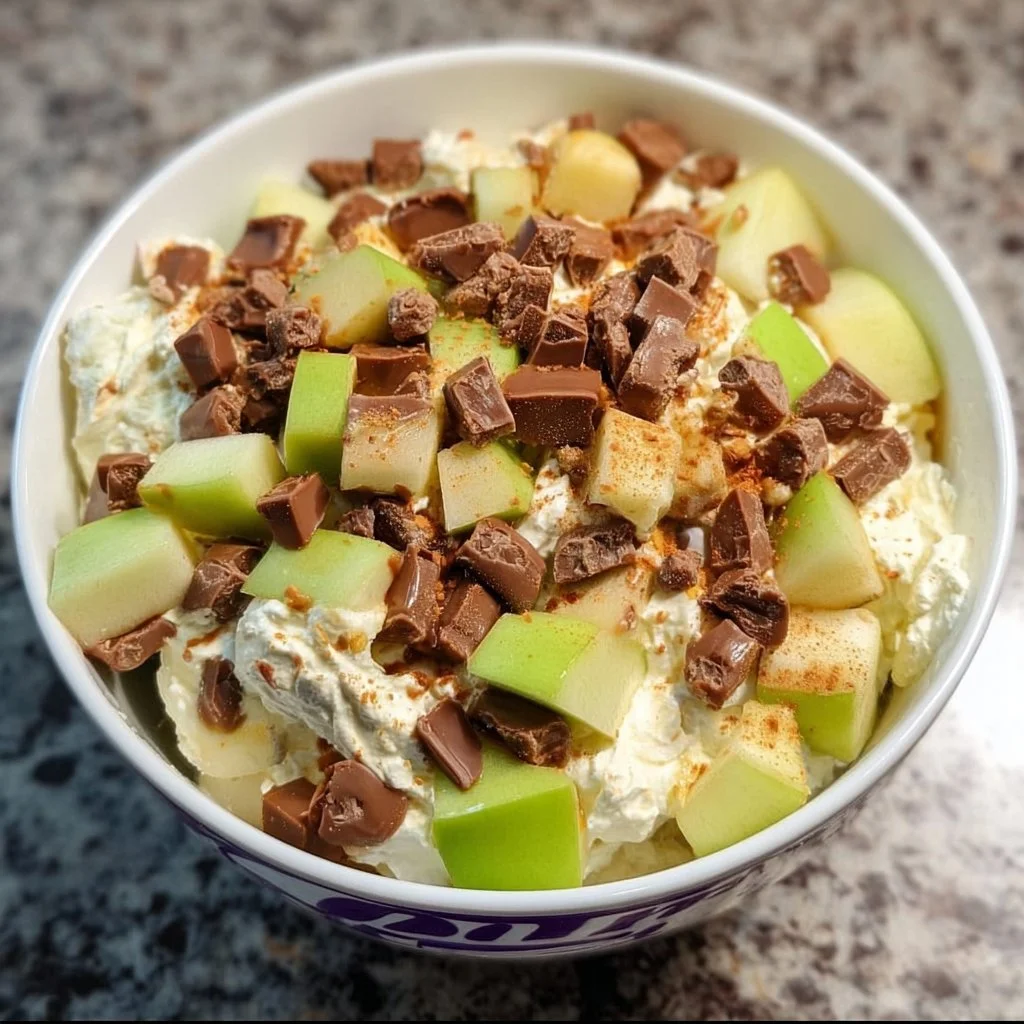 Delicious Snickers apple salad with apples, caramel, and Snickers candy pieces