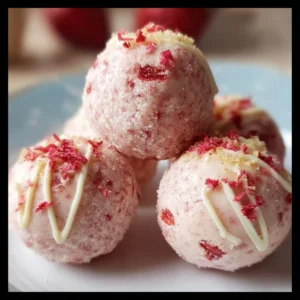 Delicious strawberry cheesecake protein balls, a healthy and tasty snack.