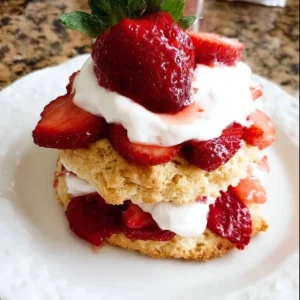 Delicious homemade strawberry shortcake topped with fresh strawberries and whipped cream