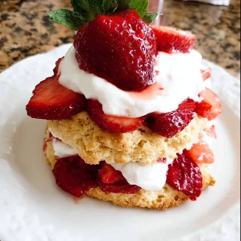 Delicious homemade strawberry shortcake topped with fresh strawberries and whipped cream