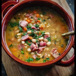 Delicious Dutch Oven Ham and Bean Soup served in a rustic bowl