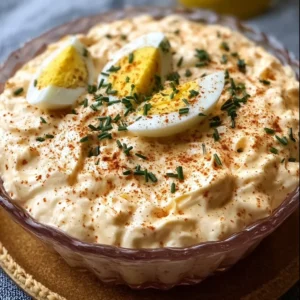Easter deviled egg dip served in a colorful bowl with garnishes