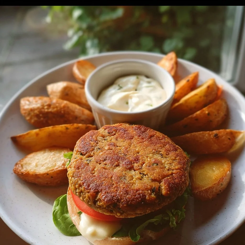 Plate of easy 6-ingredient lentil burgers served with fresh vegetables