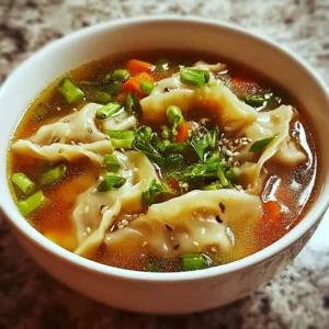 Bowl of Easy Asian Dumpling Potsticker Soup garnished with green onions.