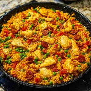 Delicious chicken paella with chorizo served on a colorful plate