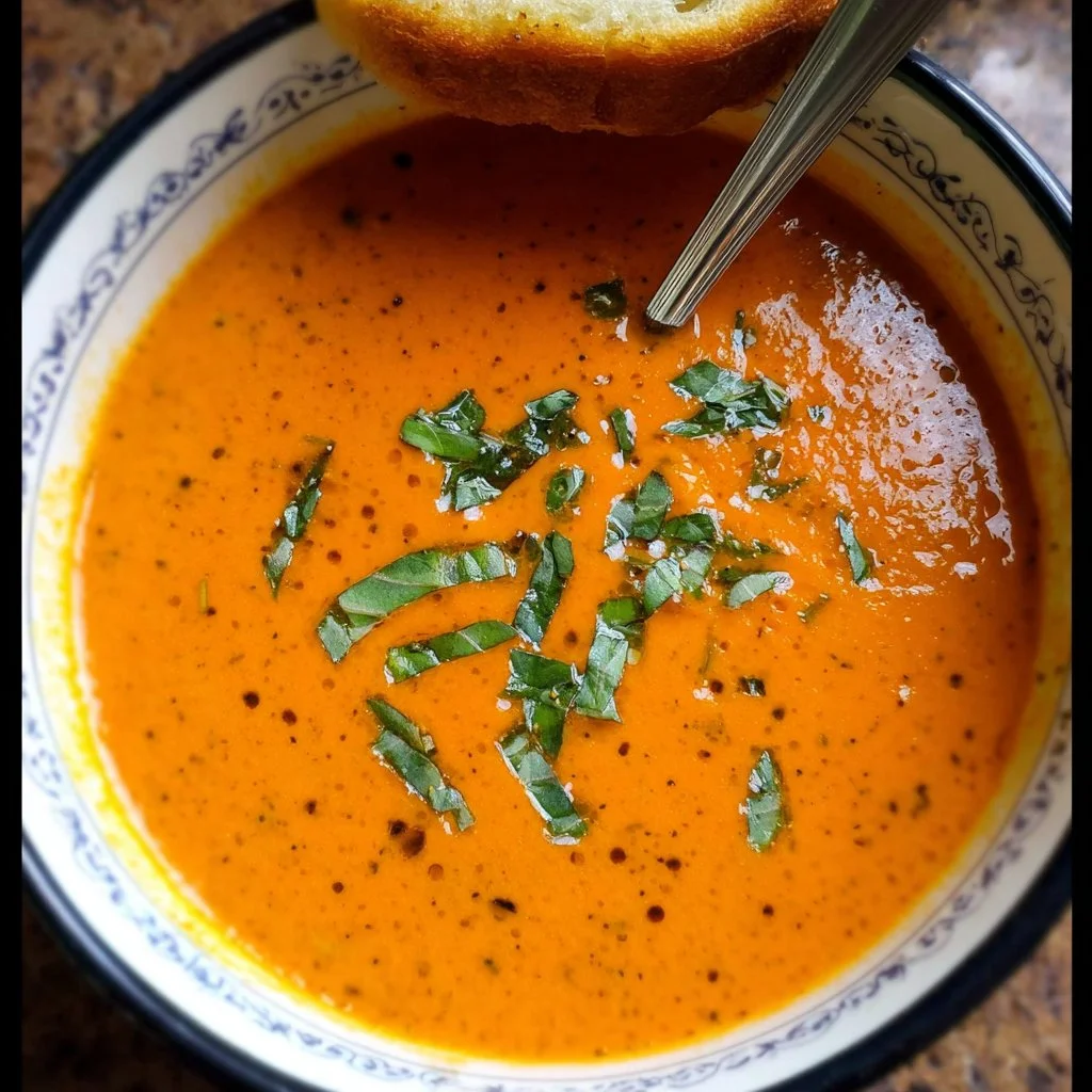 Bowl of easy creamy tomato soup garnished with fresh basil and cream.