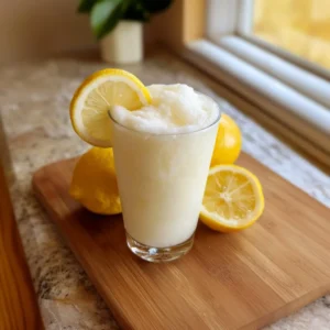 Refreshing frozen lemonade drink in a glass with garnished lemon slices