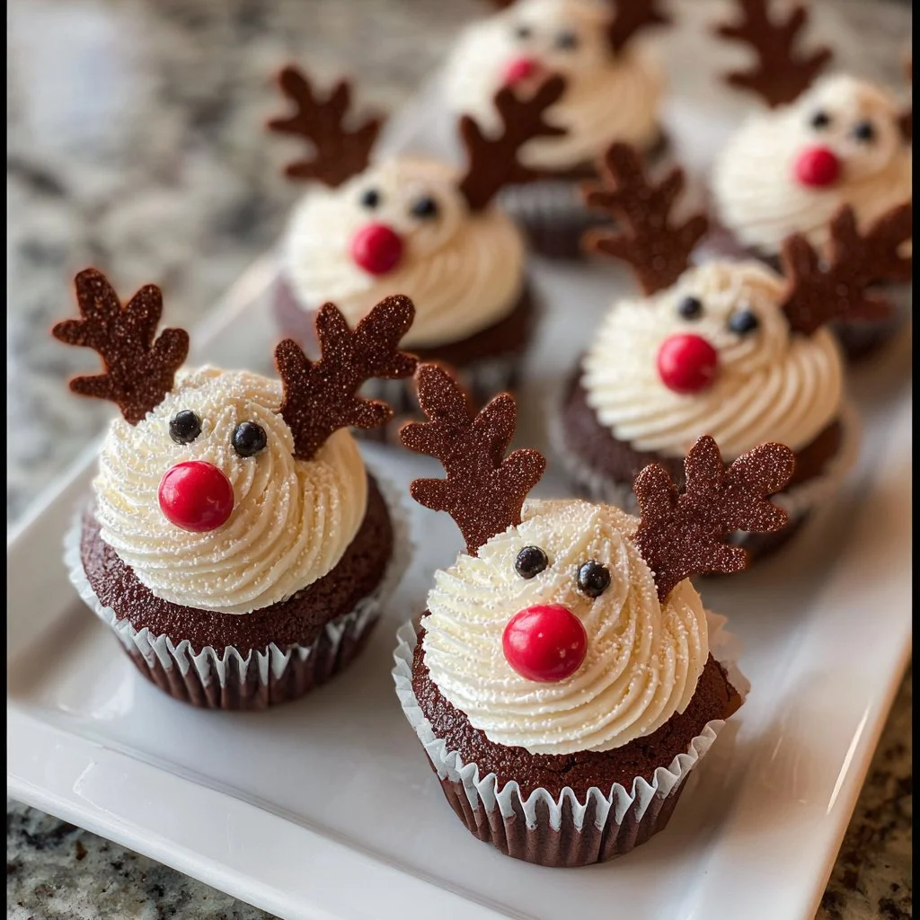 Delicious homemade reindeer cupcakes decorated for Christmas