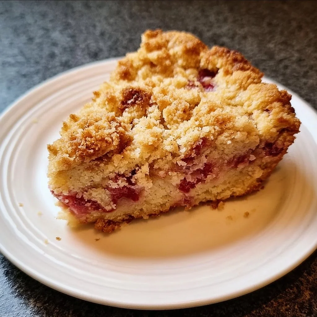 Slice of easy rhubarb buckle on a plate with fresh rhubarb stalks.