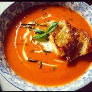 Bowl of easy roasted tomato soup topped with fresh basil and croutons