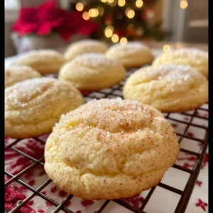 Freshly baked eggnog cookies on a festive plate with holiday decorations.