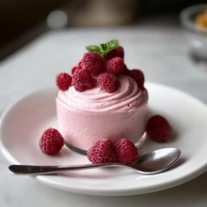 Delicious elegant raspberry mousse served in a glass dessert dish