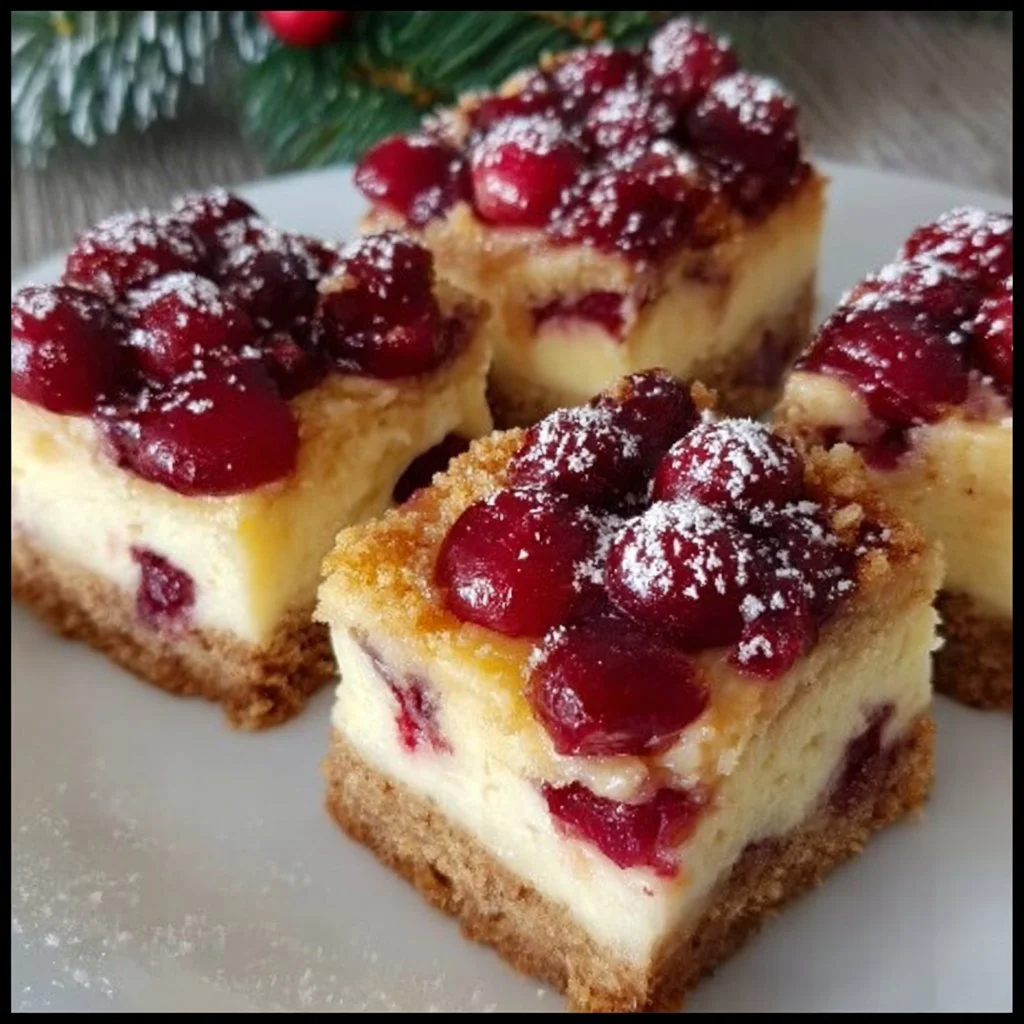 Festive Christmas Cherry Cheesecake Bars with bright cherry topping