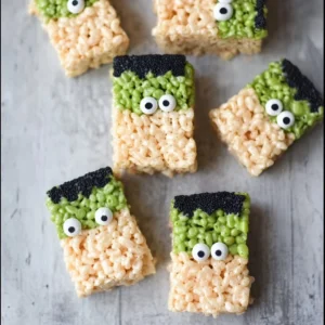 Spooky Frankenstein Rice Krispie Treats decorated for Halloween