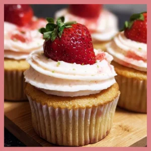 Delicious fresh strawberry cupcakes with frosting on a white plate