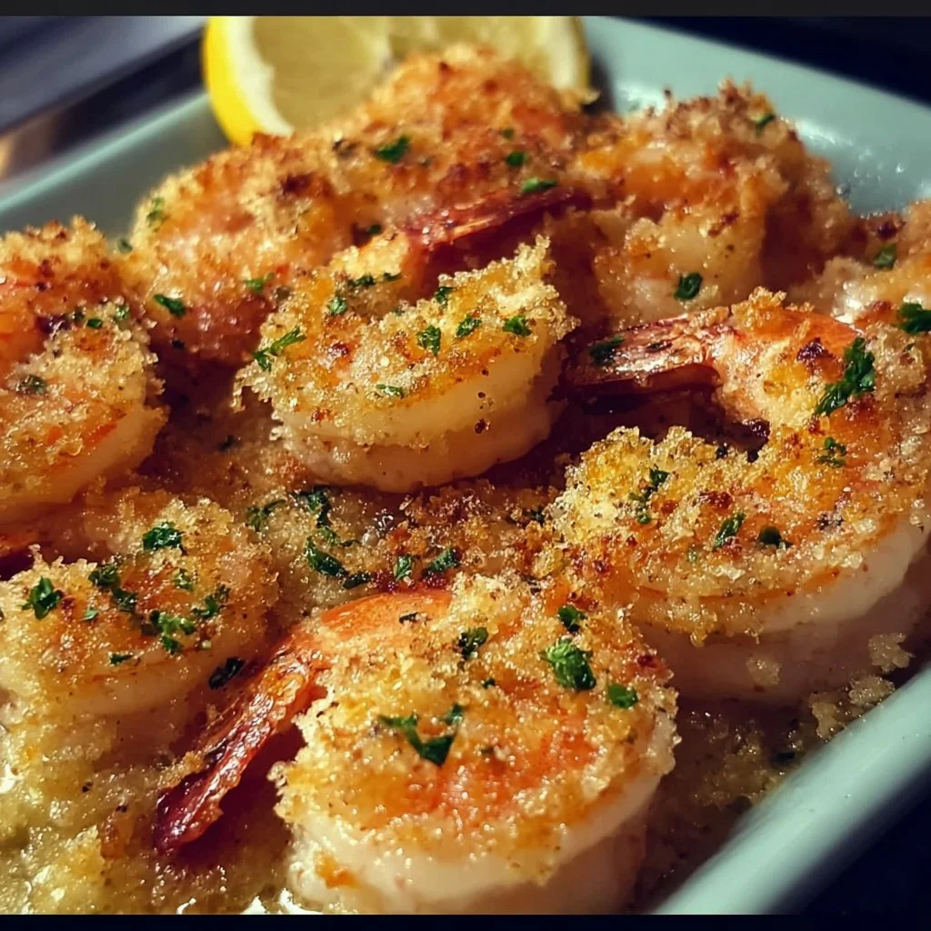Delicious garlic butter crispy baked shrimp served with garnish.