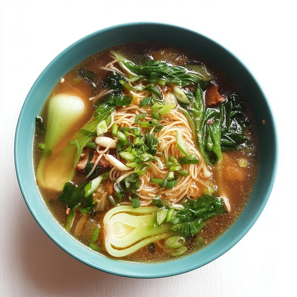 Bowl of Ginger Garlic Noodle Soup with Bok Choy and fresh ingredients