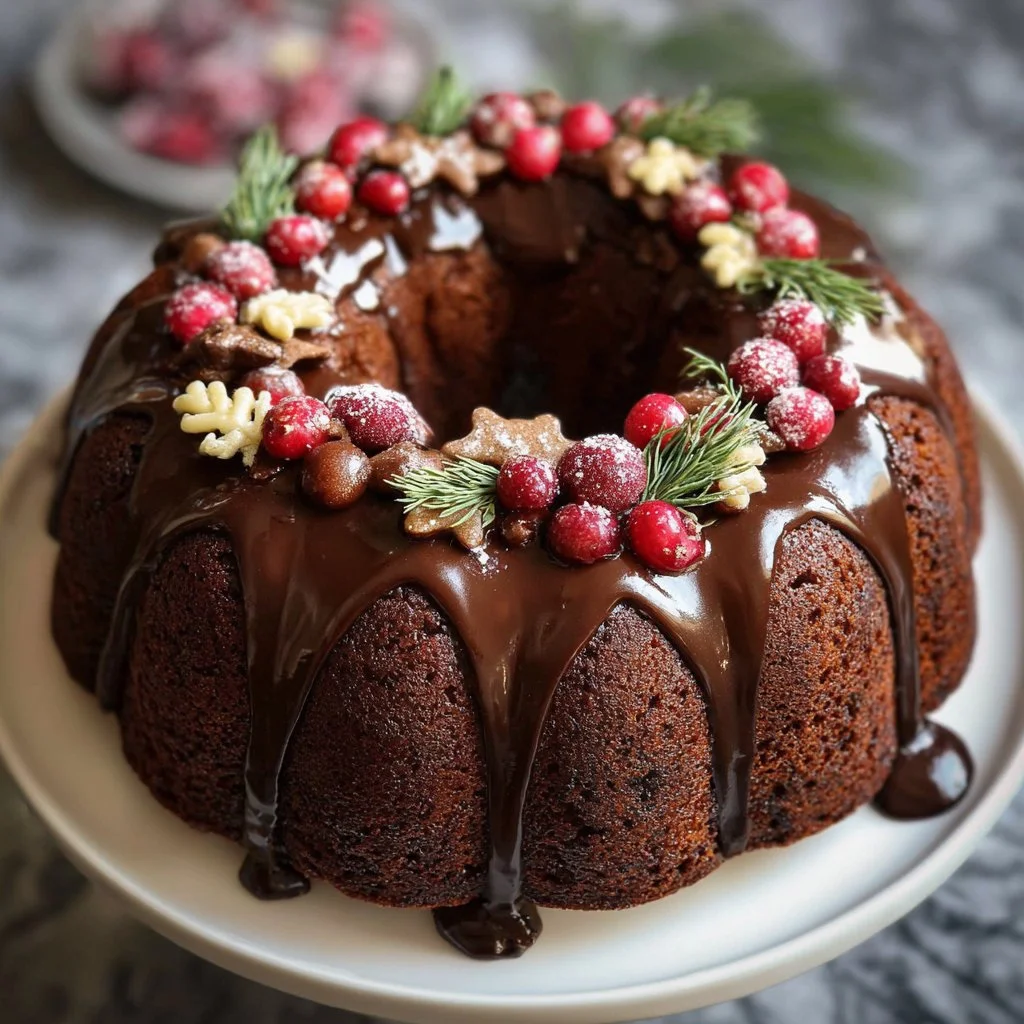Gingerbread chocolate bundt cake shaped as a Christmas wreath