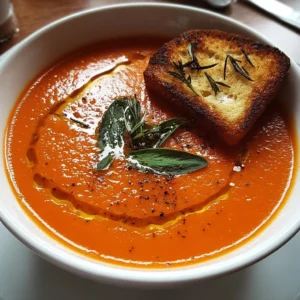 Gordon Ramsay's roasted tomato soup in a bowl garnished with fresh basil.