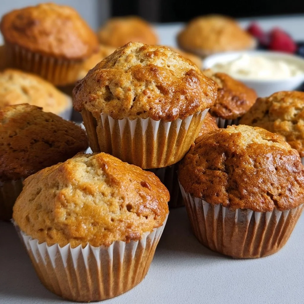 Freshly baked Greek Yogurt Muffins on a wooden table