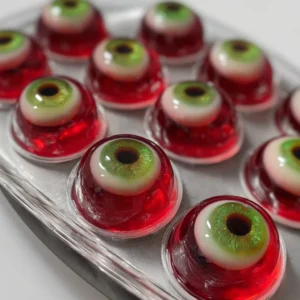 Halloween eyeball jello shots in creepy display