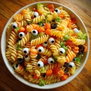 Spooky Halloween Eyeball Pasta Salad with creepy eyeball-shaped pasta