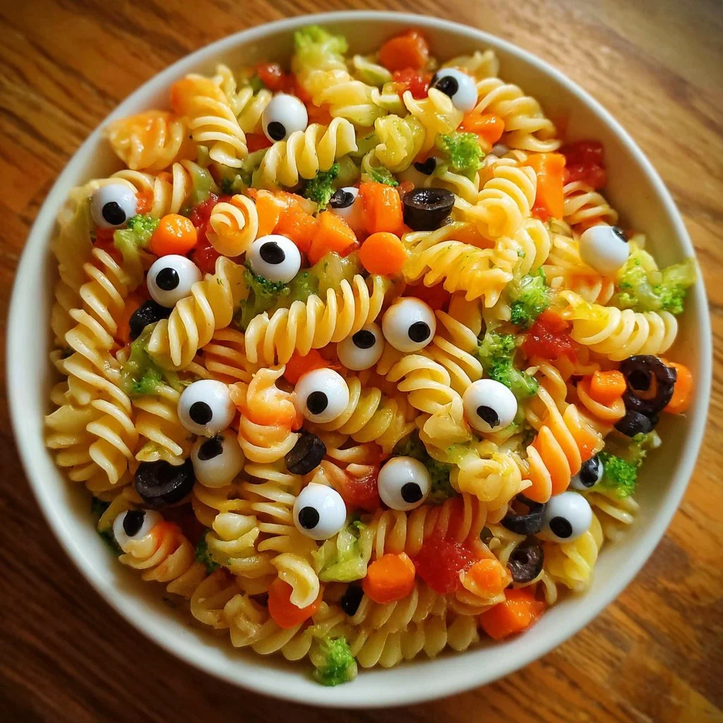 Spooky Halloween Eyeball Pasta Salad with creepy eyeball-shaped pasta