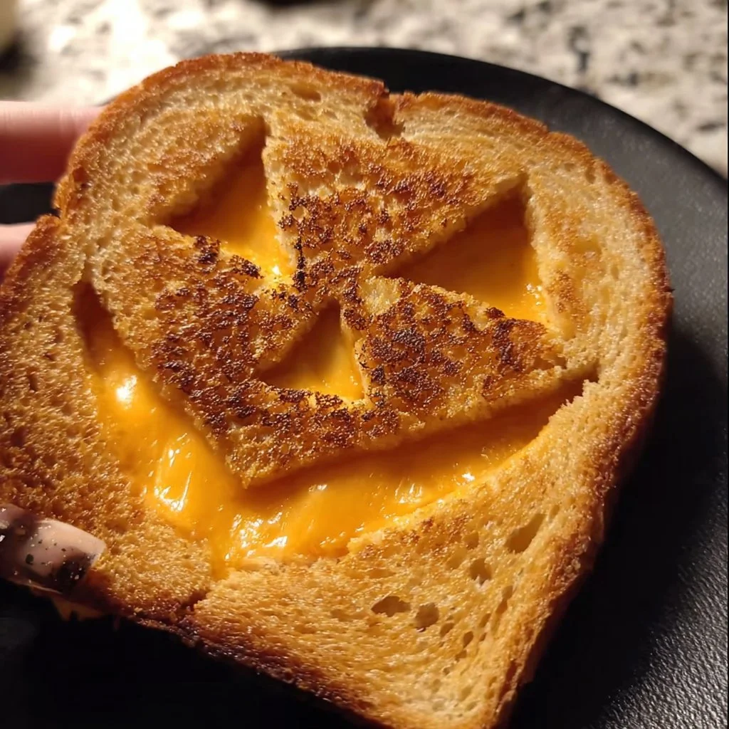 Halloween-themed grilled cheese sandwich with spooky decorations