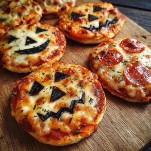 Halloween Mini Pizzas decorated for spooky festivities