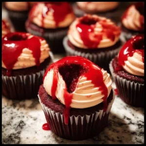 Halloween vampire bite cupcakes with a gory surprise filling