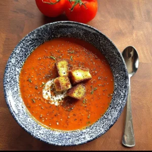 Bowl of Healing Roasted Tomato and Red Pepper Soup garnished with fresh herbs.