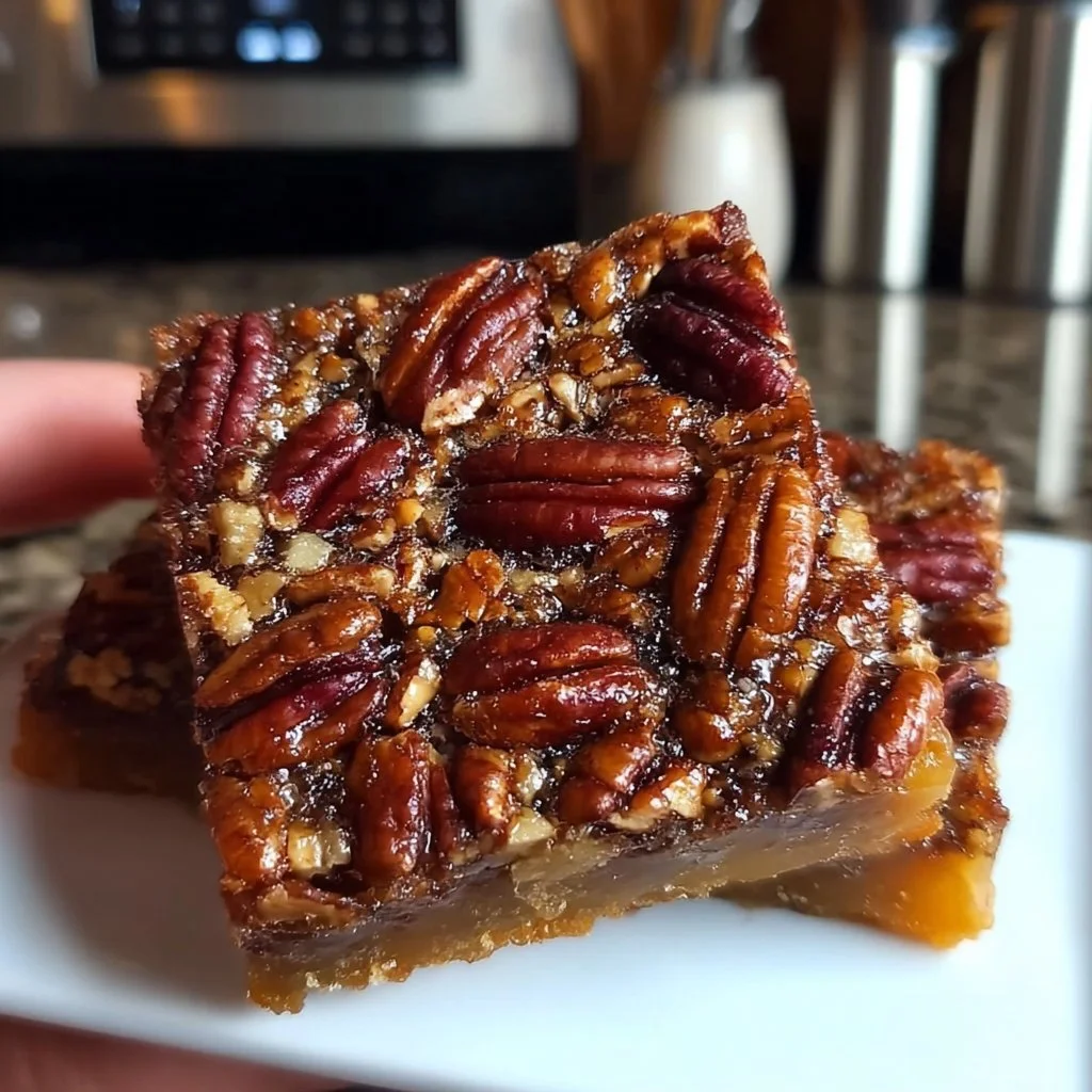 Delicious healthy pecan pie bars with a nutty topping