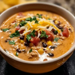 Bowl of high protein creamy taco soup garnished with cilantro and cheese