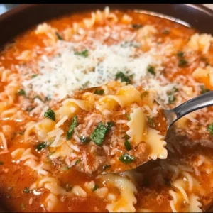 High protein lasagna soup with cheese and herbs in a bowl