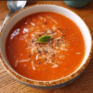 Bowl of high protein tomato soup garnished with fresh herbs and croutons