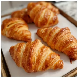 Homemade flaky croissants with golden, buttery layers on a baking tray.