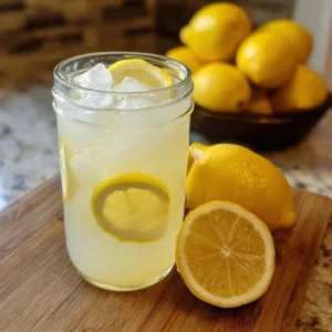 Glass of homemade lemonade with lemon slices and mint garnish