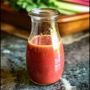 Homemade rhubarb vinaigrette drizzled over a fresh salad