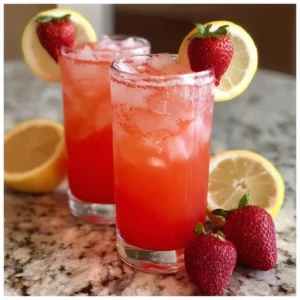 Refreshing homemade strawberry lemonade in a glass with fresh strawberries