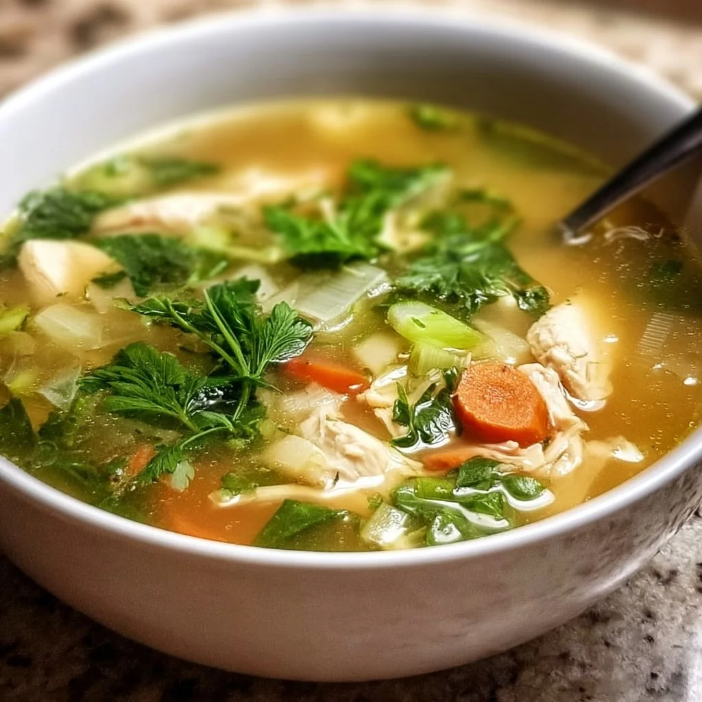 Bowl of immune-boosting chicken soup with fresh vegetables and herbs