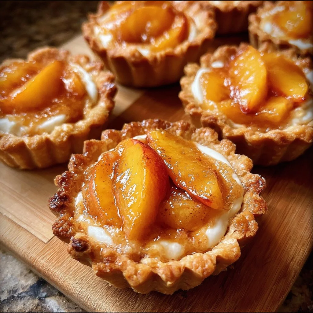 Individual Peaches and Cream Mini Pies served on a white plate
