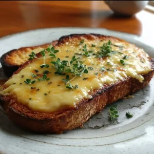 A delicious serving of Irish Rarebit with melted cheese and toast