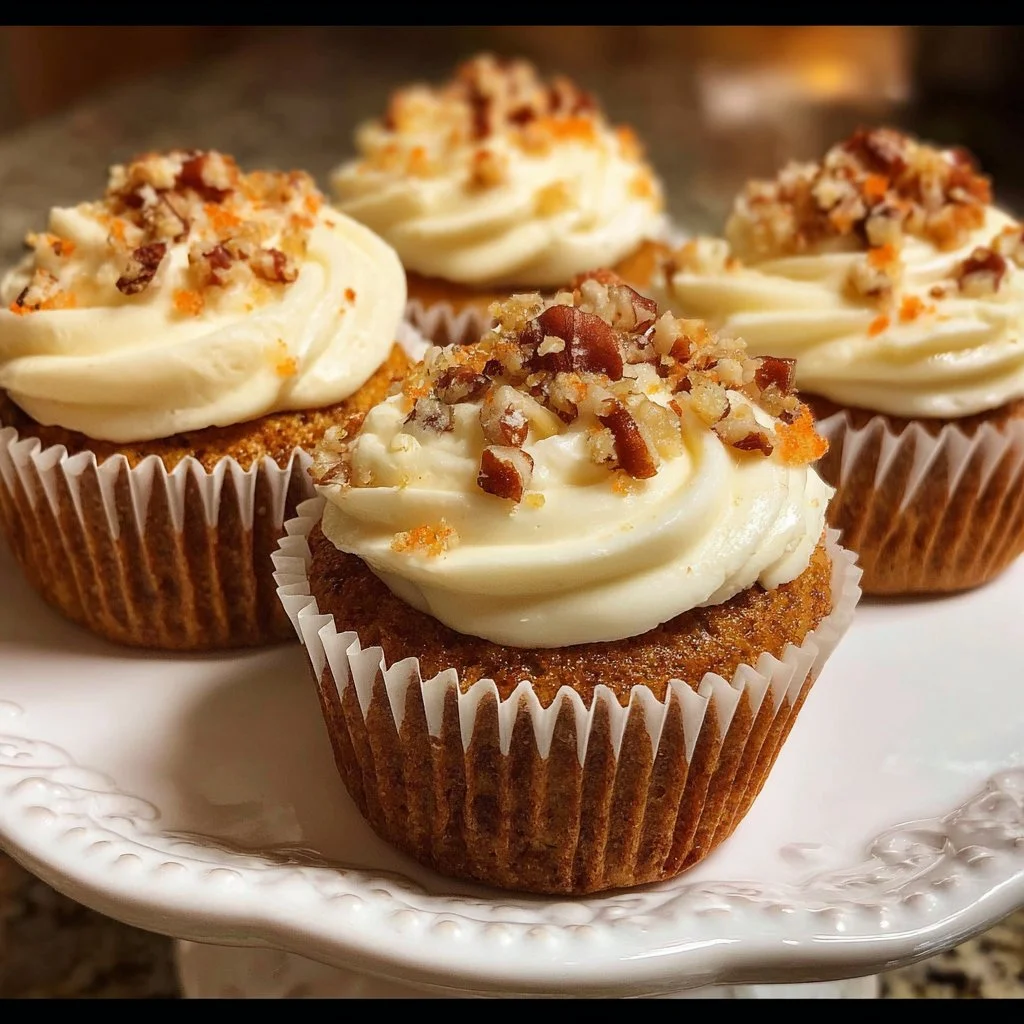 Delicious gluten-free carrot cake cupcakes topped with cream cheese frosting