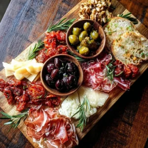 An Italian charcuterie board featuring cured meats, cheeses, and olives.